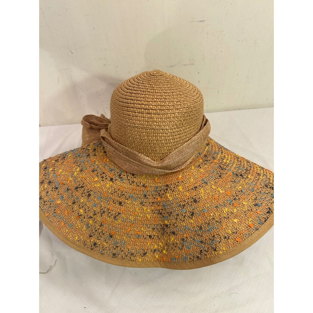 Lucky 7 Straw Sun Hat Size 7 Tan Multi Color Wide Brim Floppy Bow Women